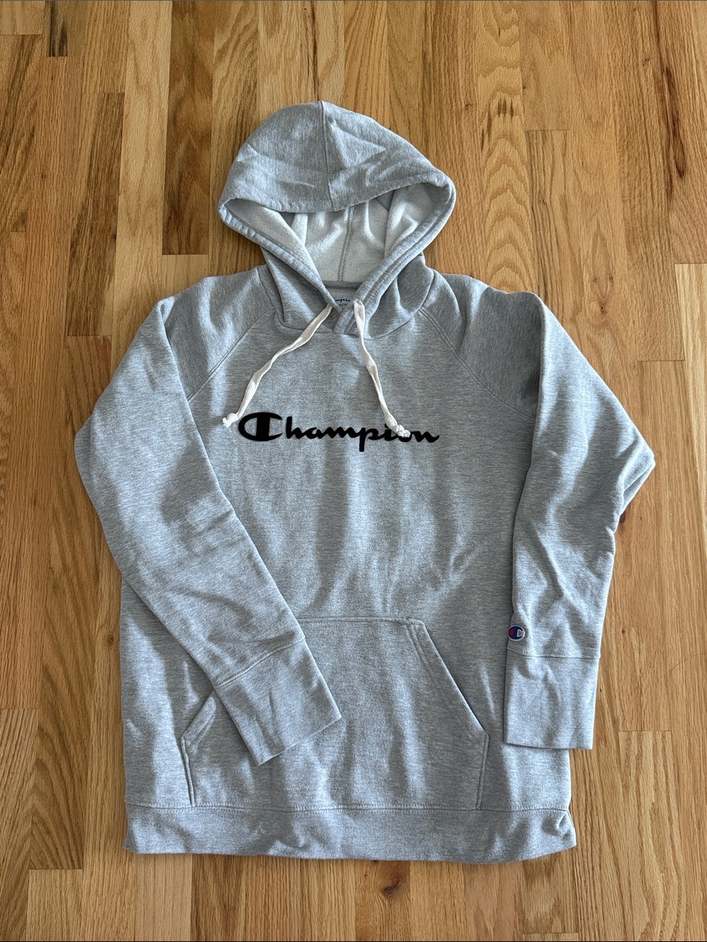 Champion Gray Hoodie with Black Script Logo